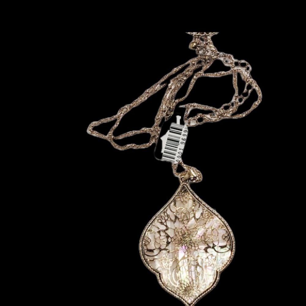 Gold Tone Mother of Pearl Pendant Necklace & Hoop Earring Set